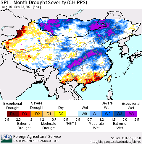 China, Mongolia and Taiwan SPI 1-Month Drought Severity (CHIRPS) Thematic Map For 8/16/2021 - 9/15/2021