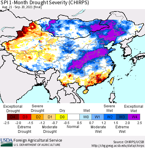 China, Mongolia and Taiwan SPI 1-Month Drought Severity (CHIRPS) Thematic Map For 8/21/2021 - 9/20/2021