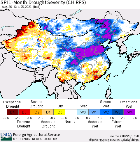 China, Mongolia and Taiwan SPI 1-Month Drought Severity (CHIRPS) Thematic Map For 8/26/2021 - 9/25/2021