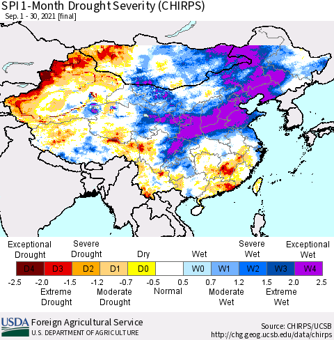 China, Mongolia and Taiwan SPI 1-Month Drought Severity (CHIRPS) Thematic Map For 9/1/2021 - 9/30/2021