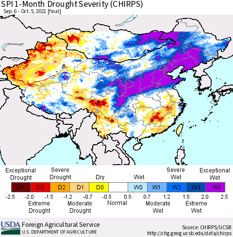 China, Mongolia and Taiwan SPI 1-Month Drought Severity (CHIRPS) Thematic Map For 9/6/2021 - 10/5/2021