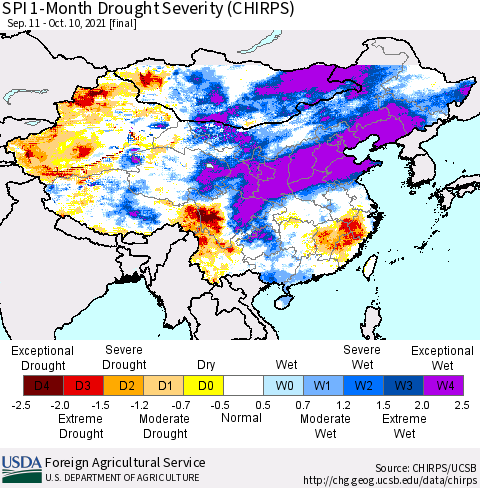 China, Mongolia and Taiwan SPI 1-Month Drought Severity (CHIRPS) Thematic Map For 9/11/2021 - 10/10/2021