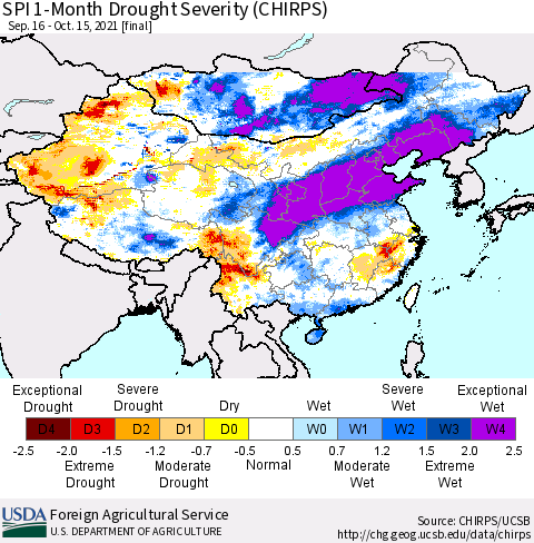 China, Mongolia and Taiwan SPI 1-Month Drought Severity (CHIRPS) Thematic Map For 9/16/2021 - 10/15/2021