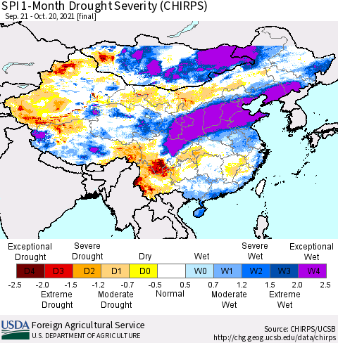 China, Mongolia and Taiwan SPI 1-Month Drought Severity (CHIRPS) Thematic Map For 9/21/2021 - 10/20/2021