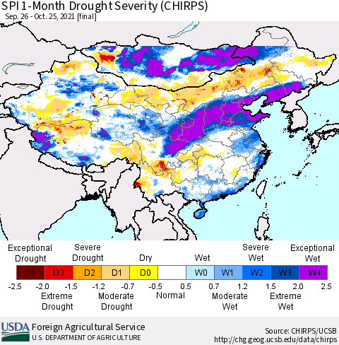 China, Mongolia and Taiwan SPI 1-Month Drought Severity (CHIRPS) Thematic Map For 9/26/2021 - 10/25/2021