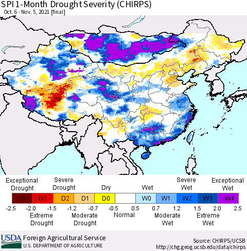 China, Mongolia and Taiwan SPI 1-Month Drought Severity (CHIRPS) Thematic Map For 10/6/2021 - 11/5/2021