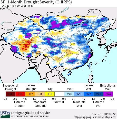 China, Mongolia and Taiwan SPI 1-Month Drought Severity (CHIRPS) Thematic Map For 10/11/2021 - 11/10/2021