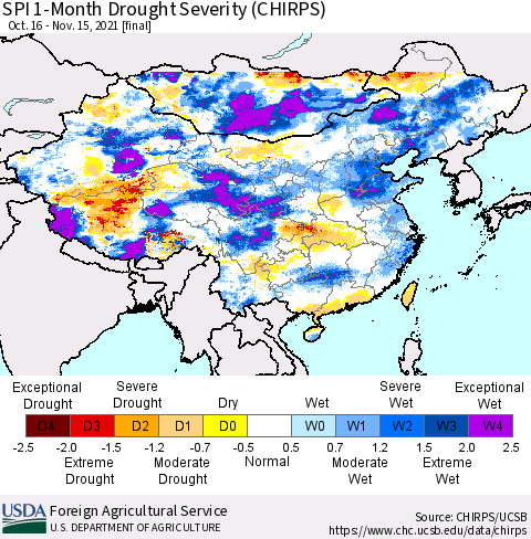 China, Mongolia and Taiwan SPI 1-Month Drought Severity (CHIRPS) Thematic Map For 10/16/2021 - 11/15/2021