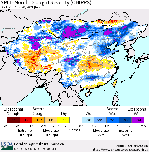 China, Mongolia and Taiwan SPI 1-Month Drought Severity (CHIRPS) Thematic Map For 10/21/2021 - 11/20/2021