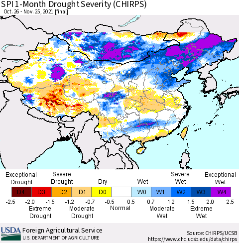 China, Mongolia and Taiwan SPI 1-Month Drought Severity (CHIRPS) Thematic Map For 10/26/2021 - 11/25/2021