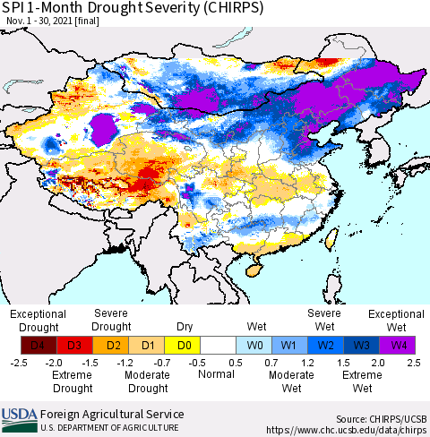 China, Mongolia and Taiwan SPI 1-Month Drought Severity (CHIRPS) Thematic Map For 11/1/2021 - 11/30/2021