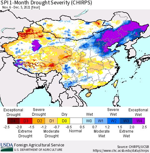 China, Mongolia and Taiwan SPI 1-Month Drought Severity (CHIRPS) Thematic Map For 11/6/2021 - 12/5/2021