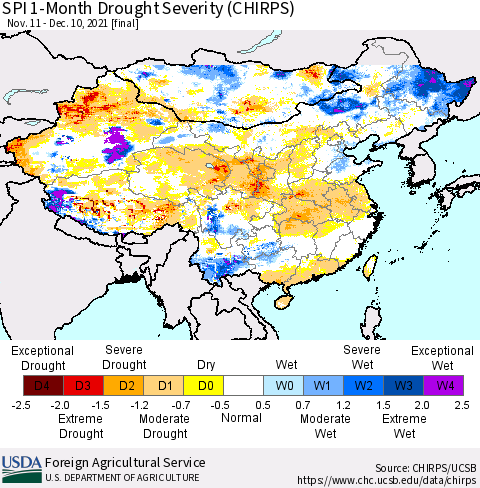China, Mongolia and Taiwan SPI 1-Month Drought Severity (CHIRPS) Thematic Map For 11/11/2021 - 12/10/2021