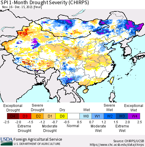 China, Mongolia and Taiwan SPI 1-Month Drought Severity (CHIRPS) Thematic Map For 11/16/2021 - 12/15/2021