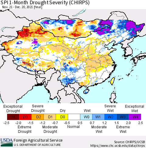 China, Mongolia and Taiwan SPI 1-Month Drought Severity (CHIRPS) Thematic Map For 11/21/2021 - 12/20/2021