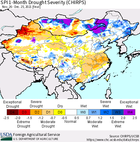 China, Mongolia and Taiwan SPI 1-Month Drought Severity (CHIRPS) Thematic Map For 11/26/2021 - 12/25/2021