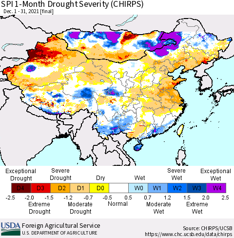 China, Mongolia and Taiwan SPI 1-Month Drought Severity (CHIRPS) Thematic Map For 12/1/2021 - 12/31/2021