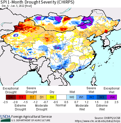China, Mongolia and Taiwan SPI 1-Month Drought Severity (CHIRPS) Thematic Map For 12/6/2021 - 1/5/2022