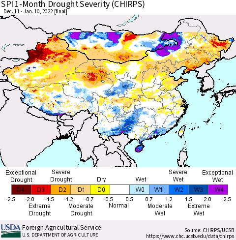 China, Mongolia and Taiwan SPI 1-Month Drought Severity (CHIRPS) Thematic Map For 12/11/2021 - 1/10/2022