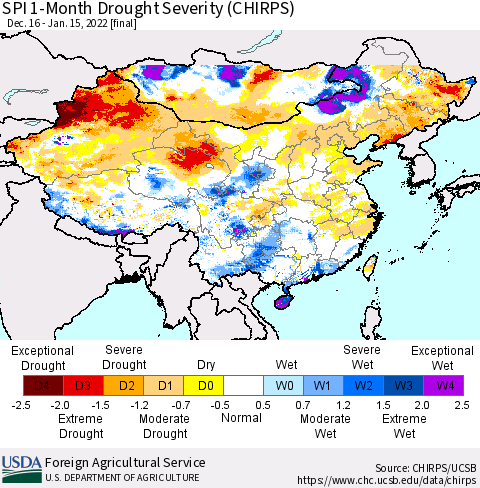 China, Mongolia and Taiwan SPI 1-Month Drought Severity (CHIRPS) Thematic Map For 12/16/2021 - 1/15/2022