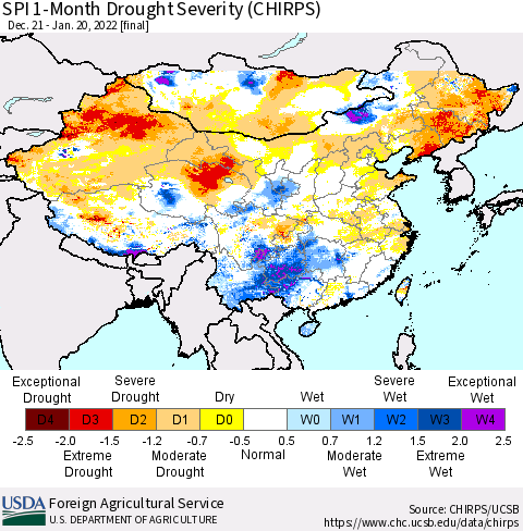China, Mongolia and Taiwan SPI 1-Month Drought Severity (CHIRPS) Thematic Map For 12/21/2021 - 1/20/2022