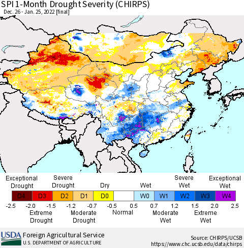 China, Mongolia and Taiwan SPI 1-Month Drought Severity (CHIRPS) Thematic Map For 12/26/2021 - 1/25/2022