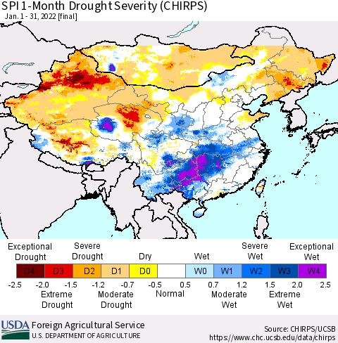 China, Mongolia and Taiwan SPI 1-Month Drought Severity (CHIRPS) Thematic Map For 1/1/2022 - 1/31/2022
