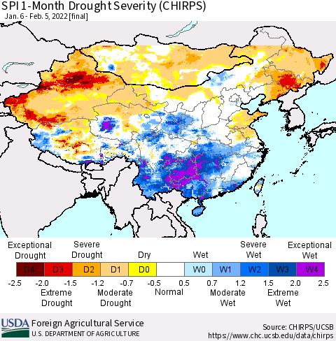China, Mongolia and Taiwan SPI 1-Month Drought Severity (CHIRPS) Thematic Map For 1/6/2022 - 2/5/2022