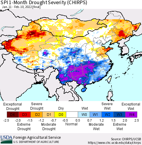 China, Mongolia and Taiwan SPI 1-Month Drought Severity (CHIRPS) Thematic Map For 1/11/2022 - 2/10/2022