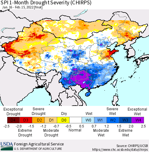 China, Mongolia and Taiwan SPI 1-Month Drought Severity (CHIRPS) Thematic Map For 1/16/2022 - 2/15/2022