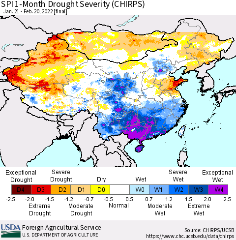 China, Mongolia and Taiwan SPI 1-Month Drought Severity (CHIRPS) Thematic Map For 1/21/2022 - 2/20/2022