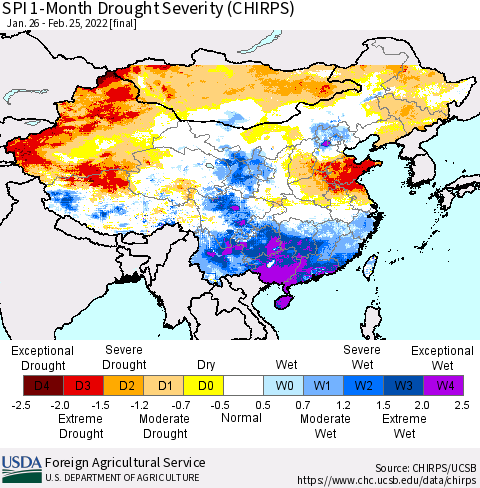 China, Mongolia and Taiwan SPI 1-Month Drought Severity (CHIRPS) Thematic Map For 1/26/2022 - 2/25/2022