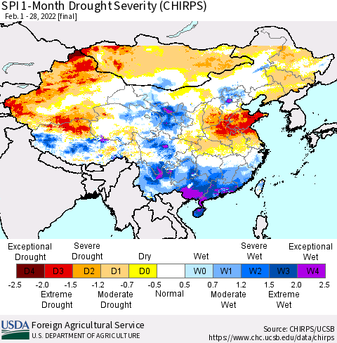China, Mongolia and Taiwan SPI 1-Month Drought Severity (CHIRPS) Thematic Map For 2/1/2022 - 2/28/2022