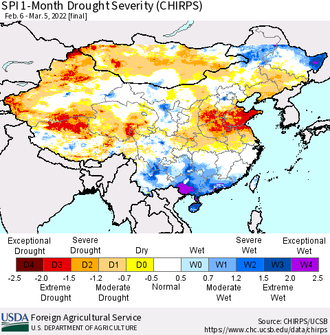 China, Mongolia and Taiwan SPI 1-Month Drought Severity (CHIRPS) Thematic Map For 2/6/2022 - 3/5/2022