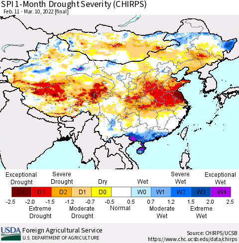 China, Mongolia and Taiwan SPI 1-Month Drought Severity (CHIRPS) Thematic Map For 2/11/2022 - 3/10/2022
