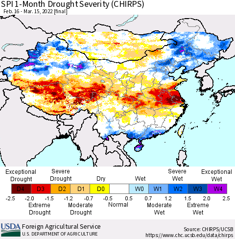 China, Mongolia and Taiwan SPI 1-Month Drought Severity (CHIRPS) Thematic Map For 2/16/2022 - 3/15/2022