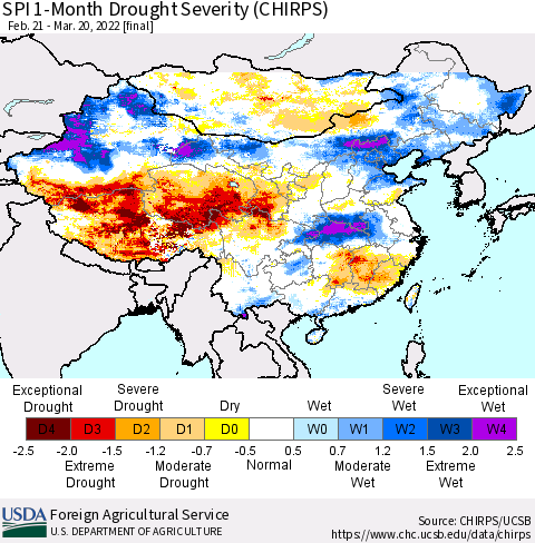 China, Mongolia and Taiwan SPI 1-Month Drought Severity (CHIRPS) Thematic Map For 2/21/2022 - 3/20/2022