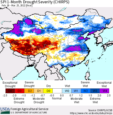 China, Mongolia and Taiwan SPI 1-Month Drought Severity (CHIRPS) Thematic Map For 2/26/2022 - 3/25/2022