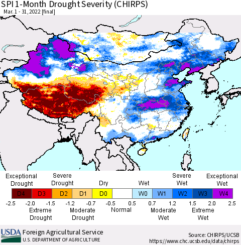 China, Mongolia and Taiwan SPI 1-Month Drought Severity (CHIRPS) Thematic Map For 3/1/2022 - 3/31/2022