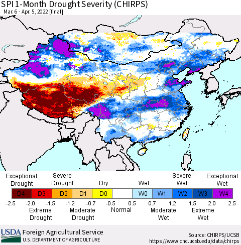 China, Mongolia and Taiwan SPI 1-Month Drought Severity (CHIRPS) Thematic Map For 3/6/2022 - 4/5/2022