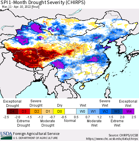 China, Mongolia and Taiwan SPI 1-Month Drought Severity (CHIRPS) Thematic Map For 3/11/2022 - 4/10/2022