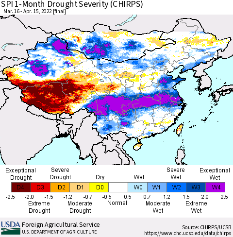 China, Mongolia and Taiwan SPI 1-Month Drought Severity (CHIRPS) Thematic Map For 3/16/2022 - 4/15/2022