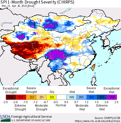 China, Mongolia and Taiwan SPI 1-Month Drought Severity (CHIRPS) Thematic Map For 3/21/2022 - 4/20/2022