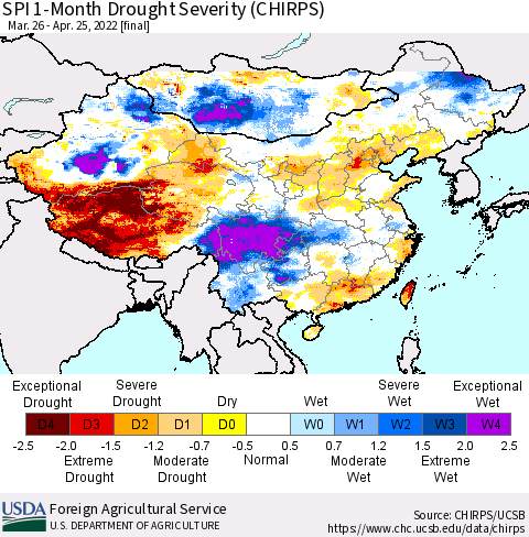 China, Mongolia and Taiwan SPI 1-Month Drought Severity (CHIRPS) Thematic Map For 3/26/2022 - 4/25/2022