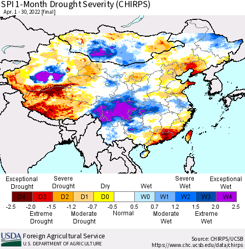 China, Mongolia and Taiwan SPI 1-Month Drought Severity (CHIRPS) Thematic Map For 4/1/2022 - 4/30/2022