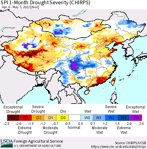 China, Mongolia and Taiwan SPI 1-Month Drought Severity (CHIRPS) Thematic Map For 4/6/2022 - 5/5/2022