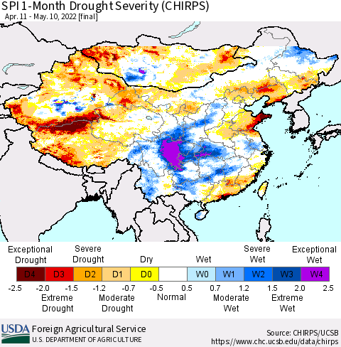 China, Mongolia and Taiwan SPI 1-Month Drought Severity (CHIRPS) Thematic Map For 4/11/2022 - 5/10/2022