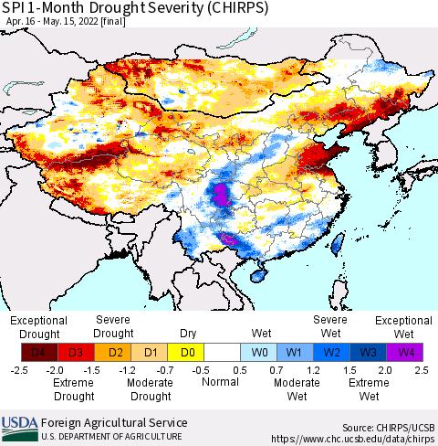 China, Mongolia and Taiwan SPI 1-Month Drought Severity (CHIRPS) Thematic Map For 4/16/2022 - 5/15/2022