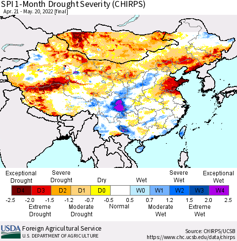 China, Mongolia and Taiwan SPI 1-Month Drought Severity (CHIRPS) Thematic Map For 4/21/2022 - 5/20/2022