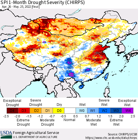 China, Mongolia and Taiwan SPI 1-Month Drought Severity (CHIRPS) Thematic Map For 4/26/2022 - 5/25/2022